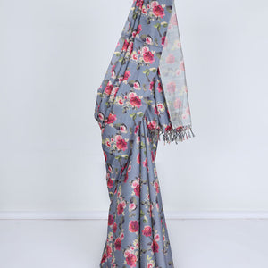 Borderless grey printed kamala silk saree steeped with floral rose motifs, contrast plain blouse