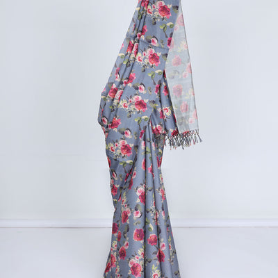 Borderless grey printed kamala silk saree steeped with floral rose motifs, contrast plain blouse