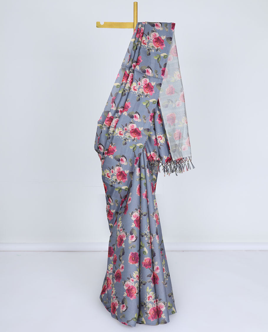 Borderless grey printed kamala silk saree steeped with floral rose motifs, contrast plain blouse