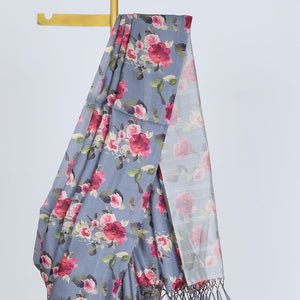 Borderless grey printed kamala silk saree steeped with floral rose motifs, contrast plain blouse