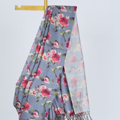 Borderless grey printed kamala silk saree steeped with floral rose motifs, contrast plain blouse