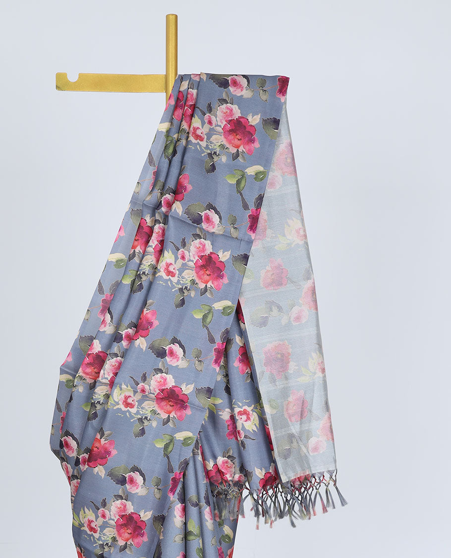 Borderless grey printed kamala silk saree steeped with floral rose motifs, contrast plain blouse