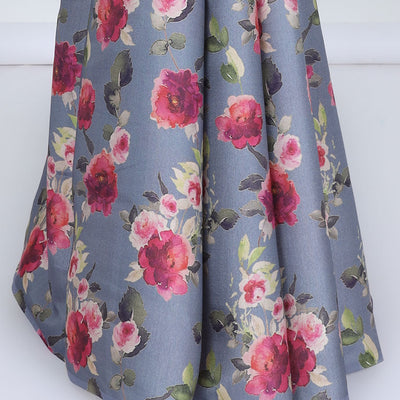 Borderless grey printed kamala silk saree steeped with floral rose motifs, contrast plain blouse