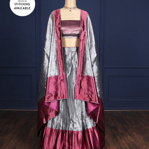 Silver grey tissue half-saree, contrast traditional motifs border, jacquard blouse & dhavani of intricate designs