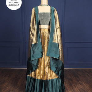 Silver grey tissue half-saree, contrast traditional motifs border, jacquard blouse & dhavani of intricate designs