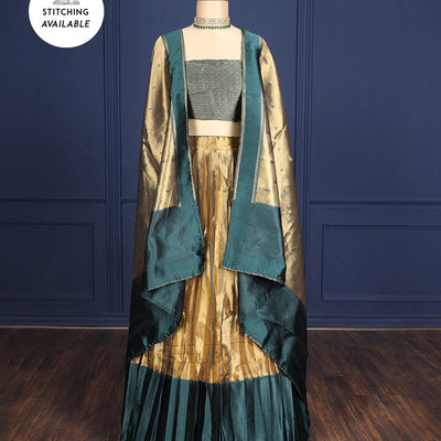Silver grey tissue half-saree, contrast traditional motifs border, jacquard blouse & dhavani of intricate designs