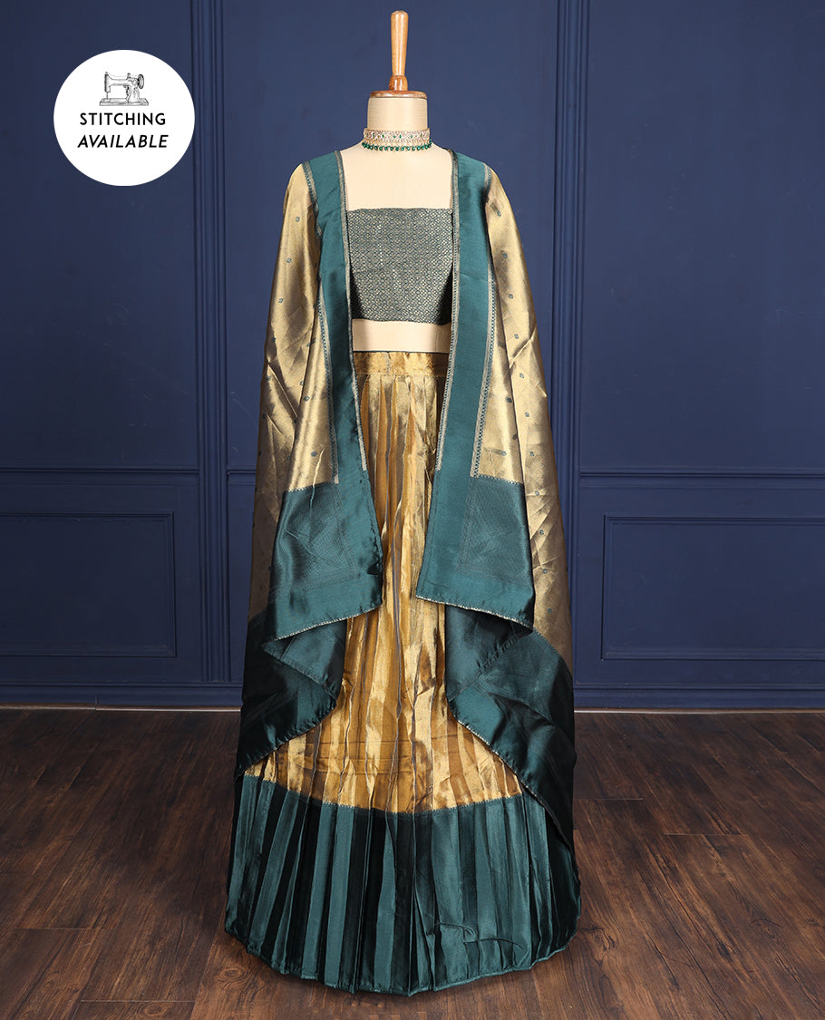 Silver grey tissue half-saree, contrast traditional motifs border, jacquard blouse & dhavani of intricate designs