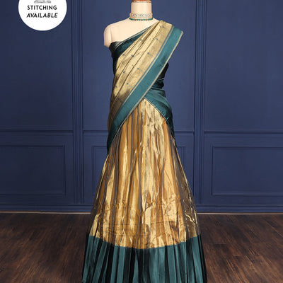 Silver grey tissue half-saree, contrast traditional motifs border, jacquard blouse & dhavani of intricate designs