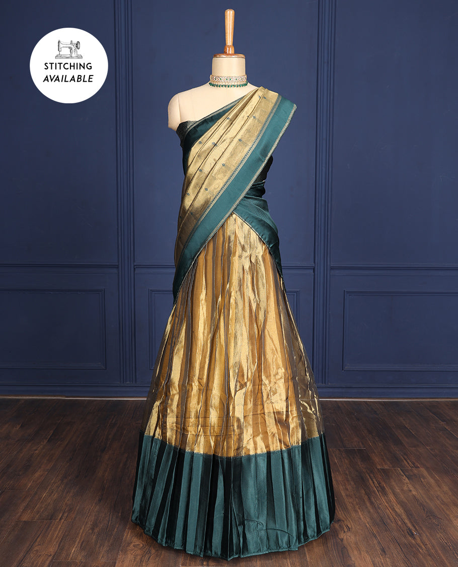 Silver grey tissue half-saree, contrast traditional motifs border, jacquard blouse & dhavani of intricate designs