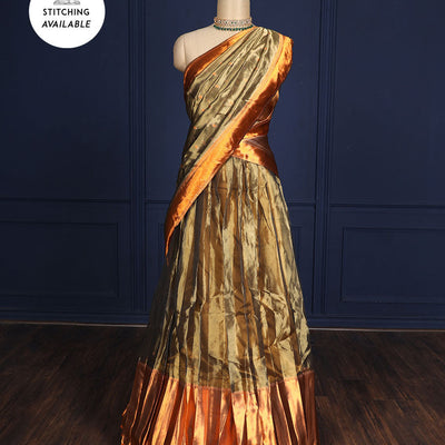 Silver grey tissue half-saree, contrast traditional motifs border, jacquard blouse & dhavani of intricate designs