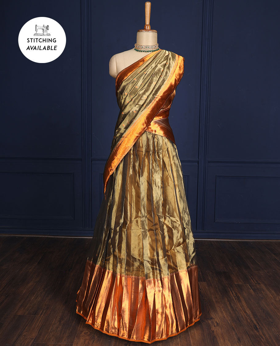 Silver grey tissue half-saree, contrast traditional motifs border, jacquard blouse & dhavani of intricate designs