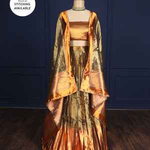 Silver grey tissue half-saree, contrast traditional motifs border, jacquard blouse & dhavani of intricate designs