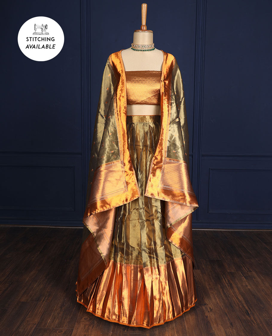 Silver grey tissue half-saree, contrast traditional motifs border, jacquard blouse & dhavani of intricate designs