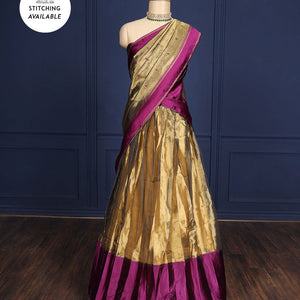 Silver grey tissue half-saree, contrast traditional motifs border, jacquard blouse & dhavani of intricate designs
