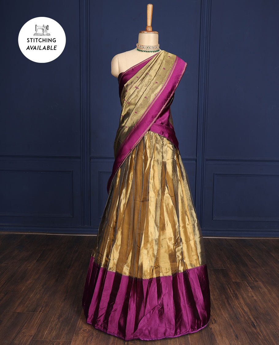Silver grey tissue half-saree, contrast traditional motifs border, jacquard blouse & dhavani of intricate designs