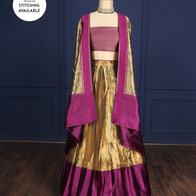Silver grey tissue half-saree, contrast traditional motifs border, jacquard blouse & dhavani of intricate designs