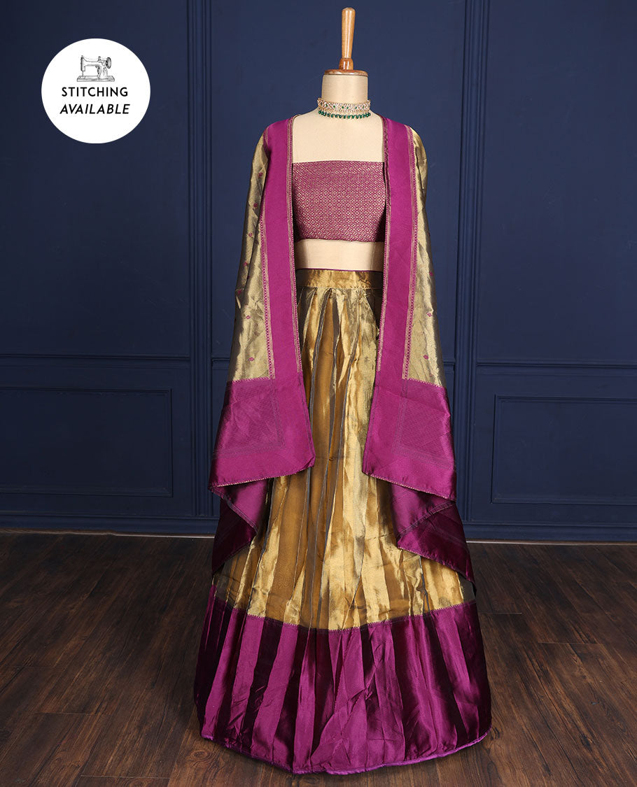 Silver grey tissue half-saree, contrast traditional motifs border, jacquard blouse & dhavani of intricate designs