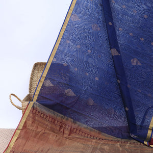 Blue silk cotton saree with zari buttas, bavanji zari border & contrast pallu of jaal designs