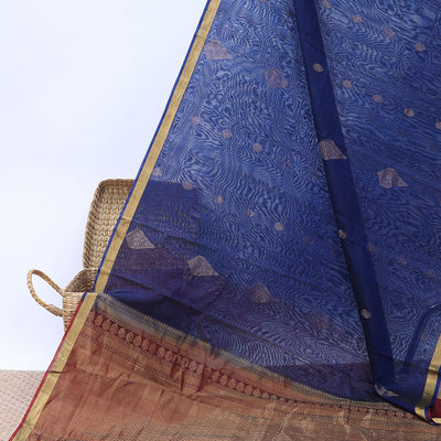 Blue silk cotton saree with zari buttas, bavanji zari border & contrast pallu of jaal designs