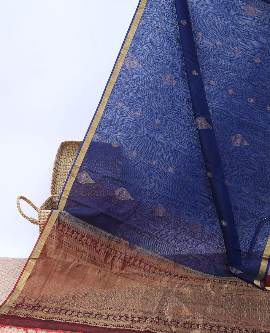 Blue silk cotton saree with zari buttas, bavanji zari border & contrast pallu of jaal designs