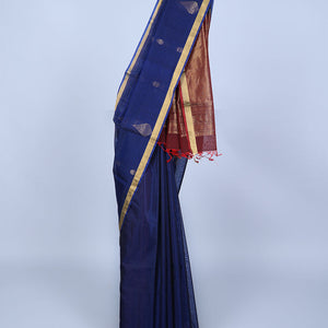 Blue silk cotton saree with zari buttas, bavanji zari border & contrast pallu of jaal designs
