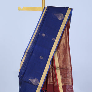 Blue silk cotton saree with zari buttas, bavanji zari border & contrast pallu of jaal designs