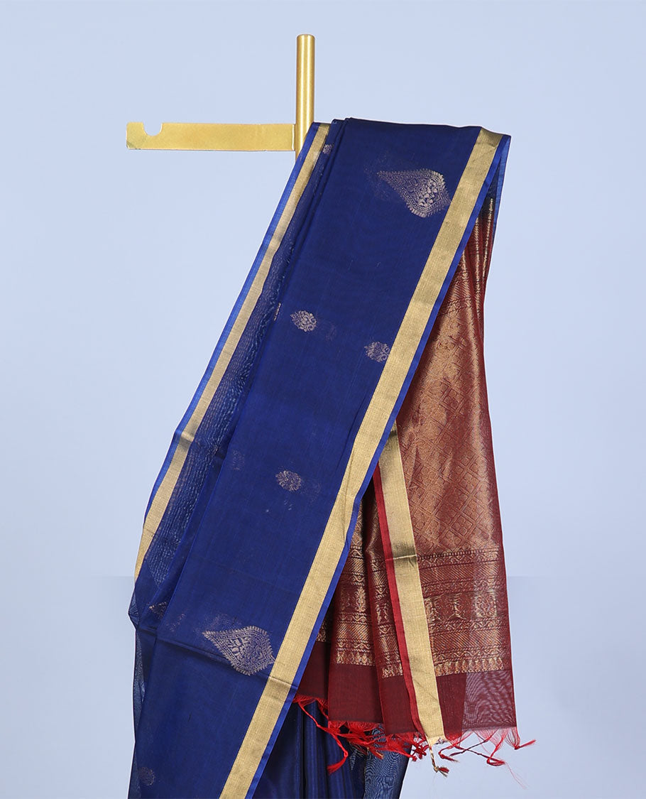 Blue silk cotton saree with zari buttas, bavanji zari border & contrast pallu of jaal designs
