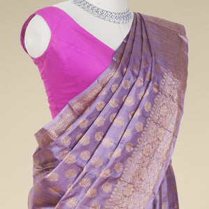 Violet tusser silk saree with zari buttas, traditional motifs zari border & intricate pallu