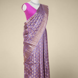 Violet tusser silk saree with zari buttas, traditional motifs zari border & intricate pallu