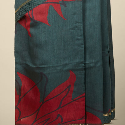 Green vine & flower design printed moonga tussar with zari design border