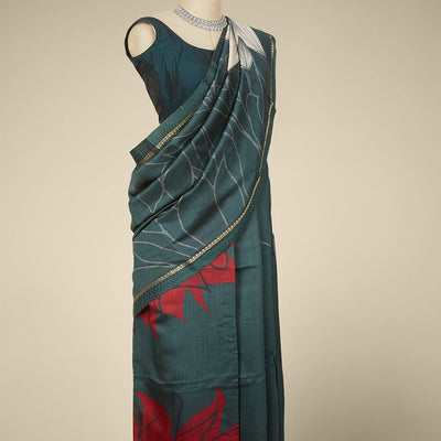 Green vine & flower design printed moonga tussar with zari design border