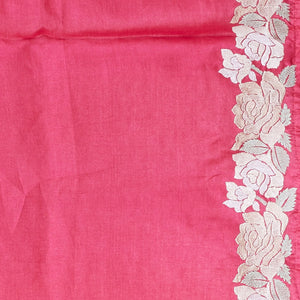 Pink diagonal floral creeper thread embroidered tusser silk saree, floral creeper thread embroidered border