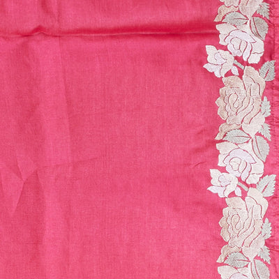 Pink diagonal floral creeper thread embroidered tusser silk saree, floral creeper thread embroidered border