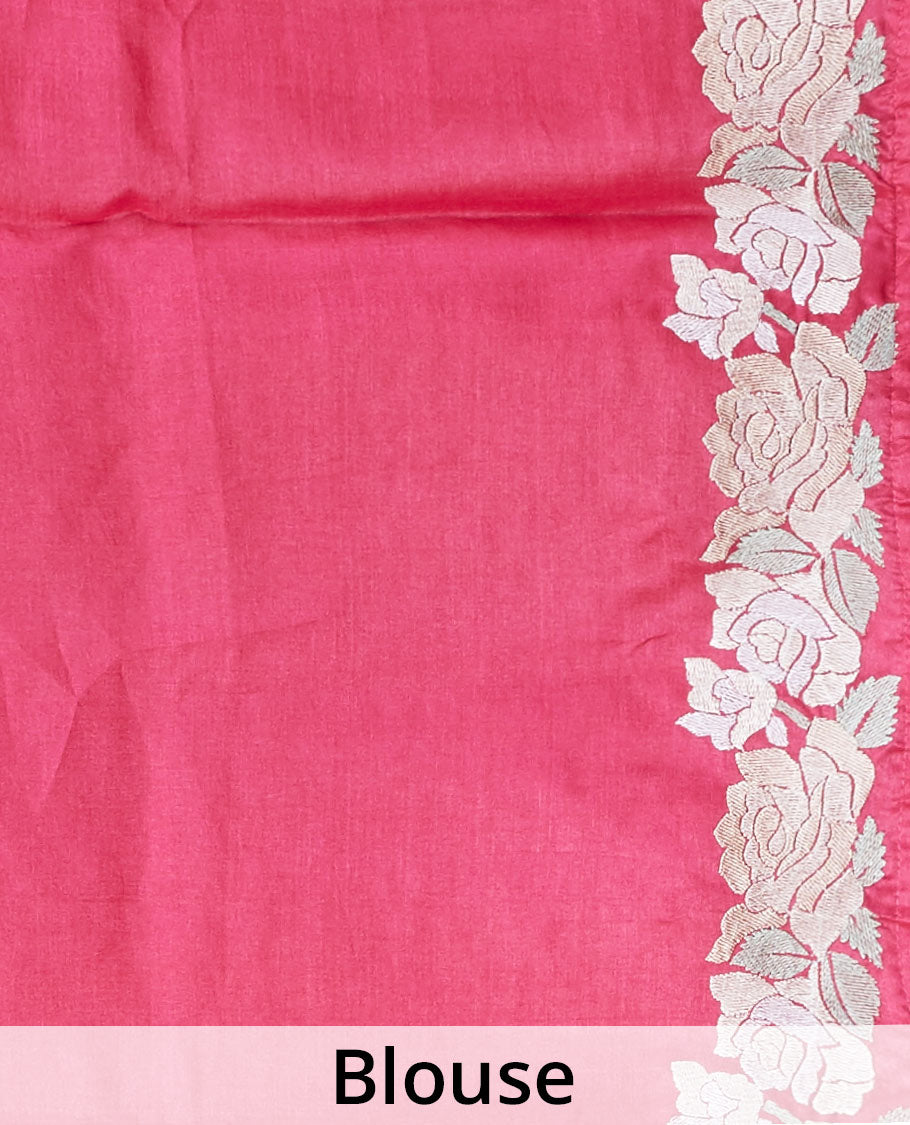 Pink diagonal floral creeper thread embroidered tusser silk saree, floral creeper thread embroidered border