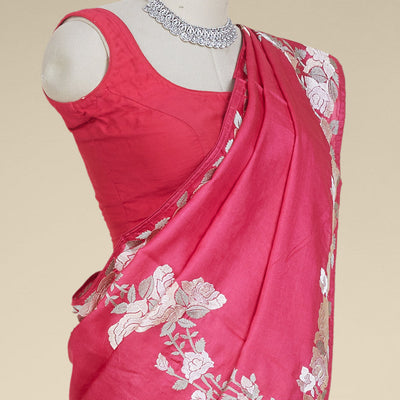 Pink diagonal floral creeper thread embroidered tusser silk saree, floral creeper thread embroidered border