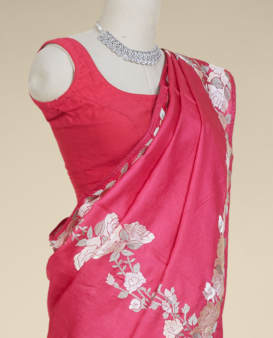 Pink diagonal floral creeper thread embroidered tusser silk saree, floral creeper thread embroidered border
