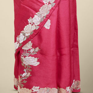 Pink diagonal floral creeper thread embroidered tusser silk saree, floral creeper thread embroidered border