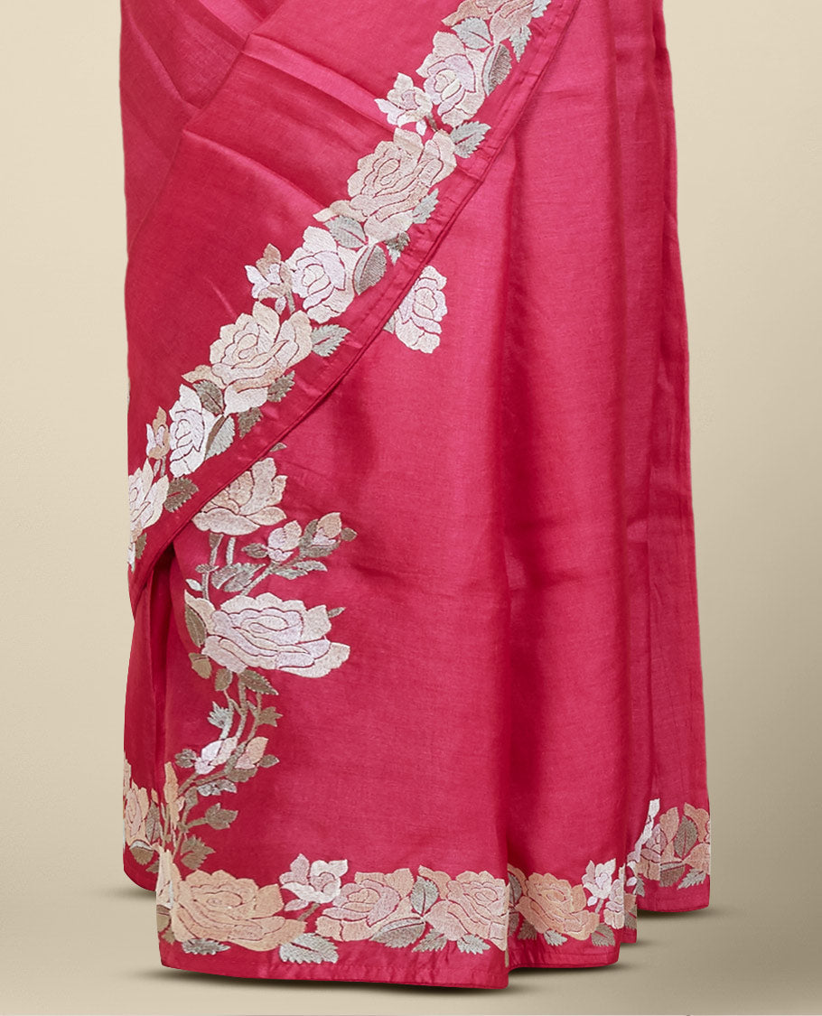 Pink diagonal floral creeper thread embroidered tusser silk saree, floral creeper thread embroidered border