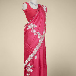 Pink diagonal floral creeper thread embroidered tusser silk saree, floral creeper thread embroidered border