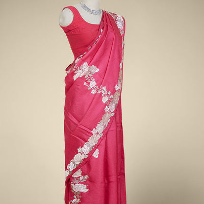 Pink diagonal floral creeper thread embroidered tusser silk saree, floral creeper thread embroidered border