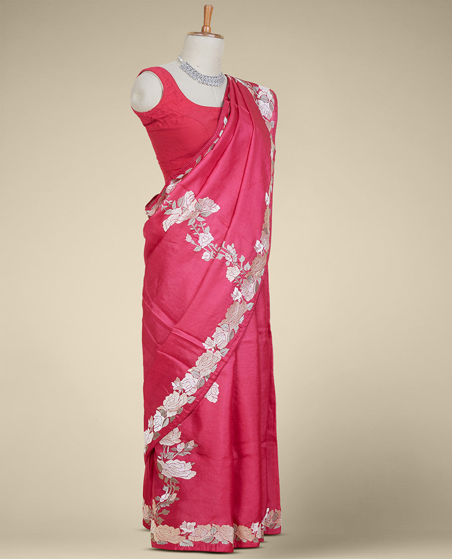 Pink diagonal floral creeper thread embroidered tusser silk saree, floral creeper thread embroidered border