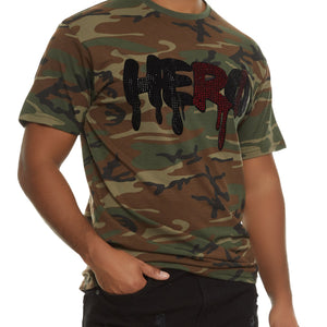 Mens Hero Rhinestone Patch Graphic Camo Tee