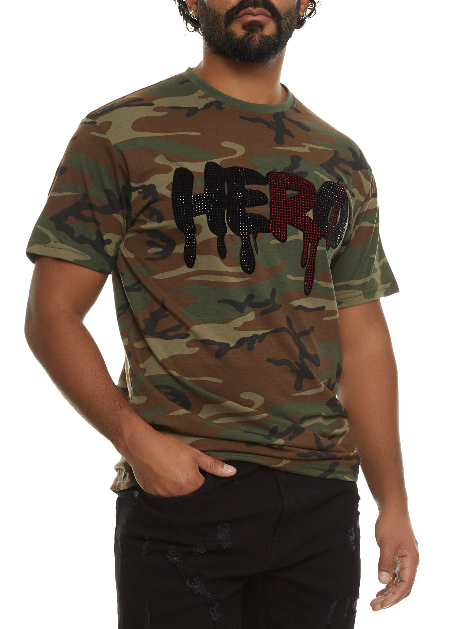 Mens Hero Rhinestone Patch Graphic Camo Tee