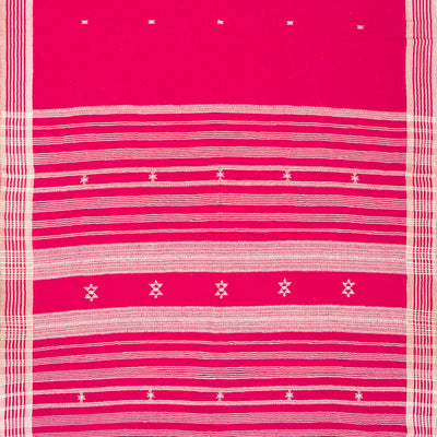 Hot Pink Handloom Bhujodi Cotton Saree With Buttas & Stripe Border