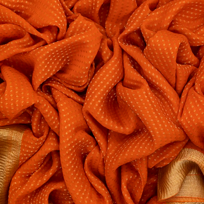 Orange Mysore Crepe Silk Saree With Floral Motifs & Zari Border