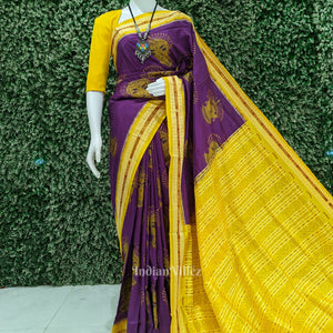 Purple Yellow Nartaki Face Head Sambalpuri Ikat Silk Saree