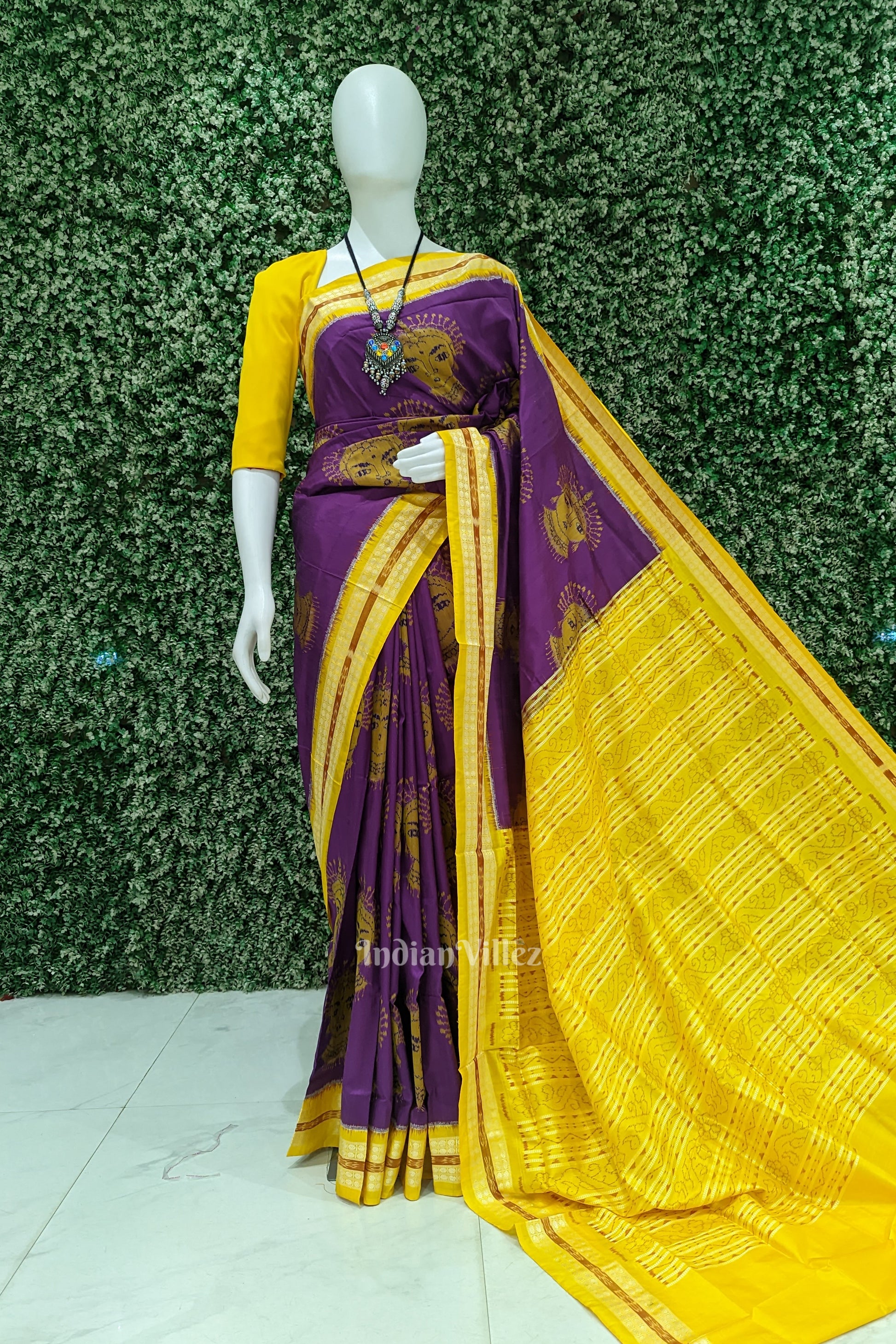 Purple Yellow Nartaki Face Head Sambalpuri Ikat Silk Saree
