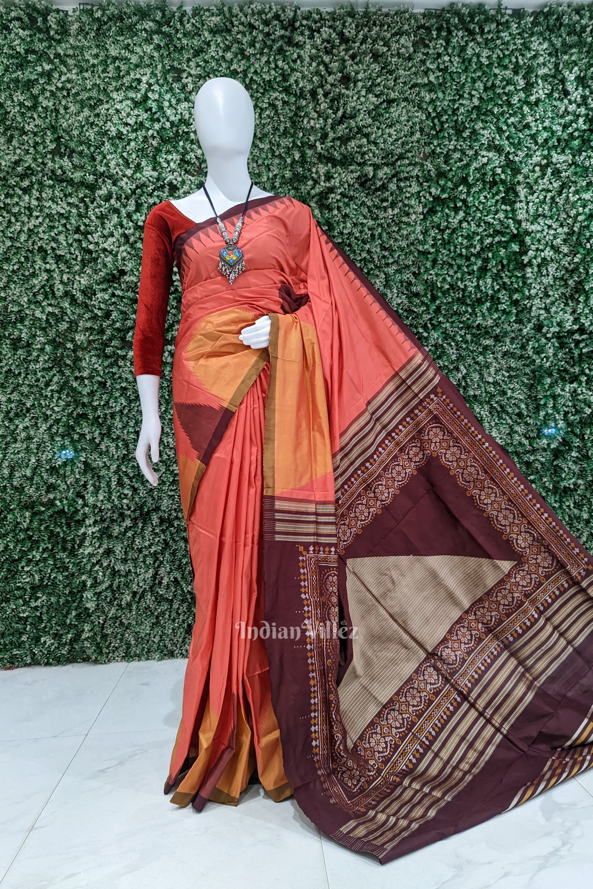 Peach Pyramid Odisha Ikat Sambalpuri Silk Saree