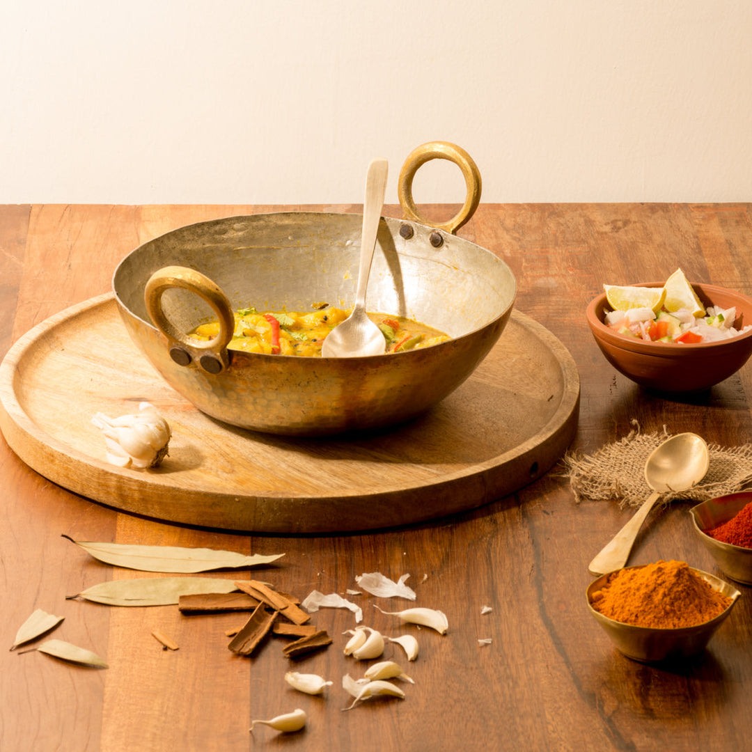 Ayurveda Starter Kit (1 Brass Kadhai, 1 Copper Tumbler, 1 Kansa (Bronze) Thaali - 10.5")