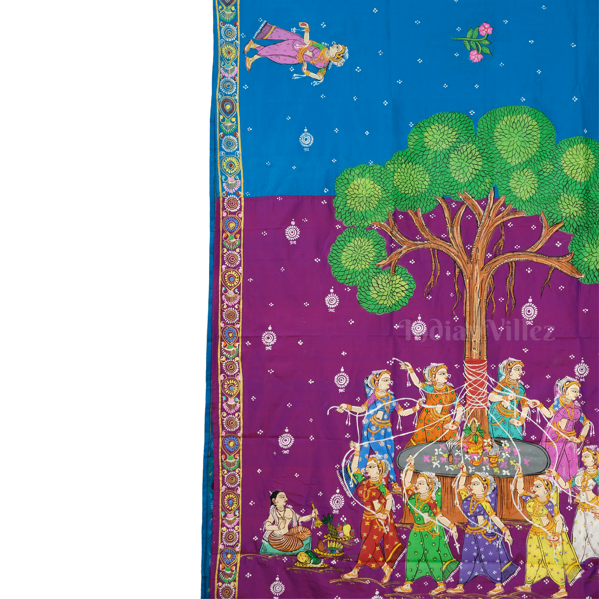 Sky Blue & Magenta Vat Savitri Theme Pattachitra Saree